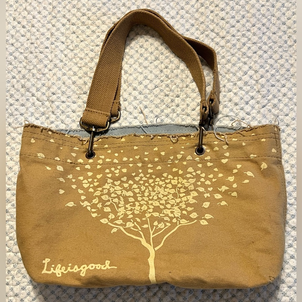 Life Is Good Tan Canvas Tree Tote Bag